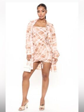 Fashion Nova Tie-Dye Shirt & Mini Dress Set- Brown and Cream